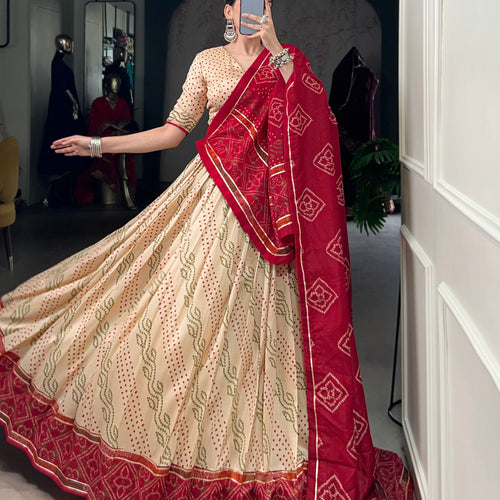 Beige Color Silk Bandhej Printed Navratri Lehenga Choli