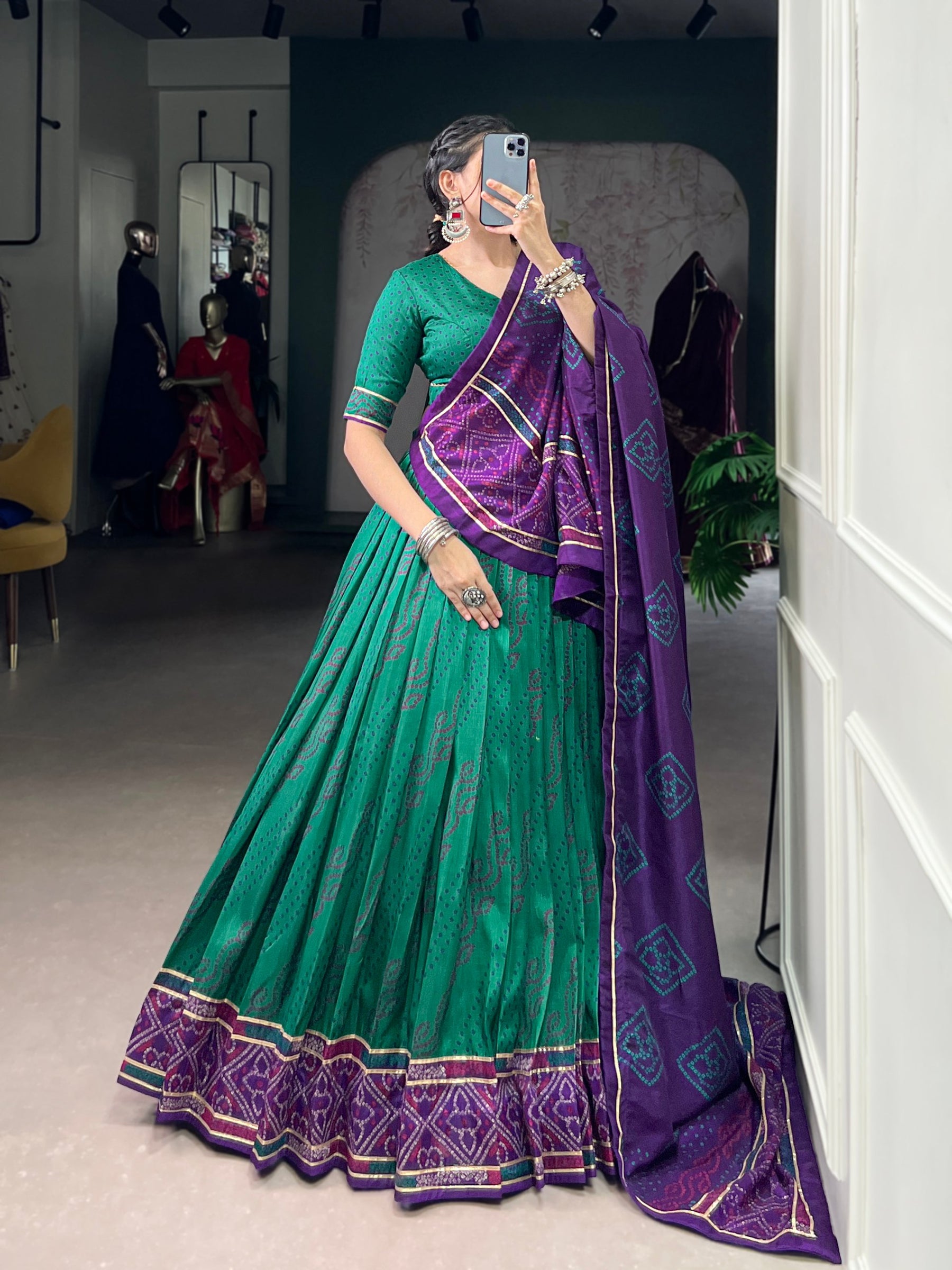 Green Color Silk Bandhej Printed Navratri Lehenga Choli