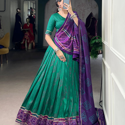 Green Color Silk Bandhej Printed Navratri Lehenga Choli