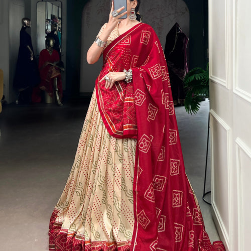 Beige Color Silk Bandhej Printed Navratri Lehenga Choli