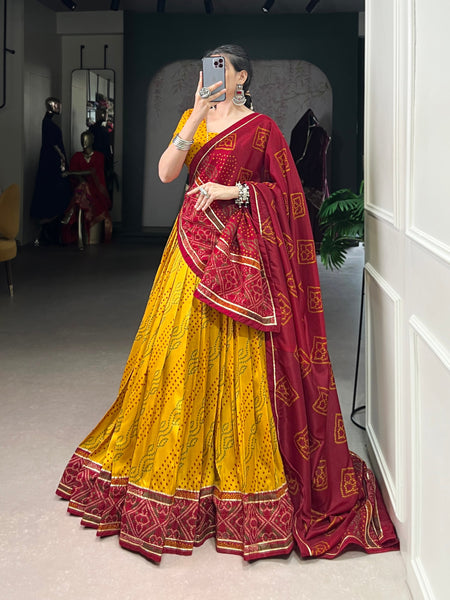 Yellow Color Silk Bandhej Printed Navratri Lehenga Choli