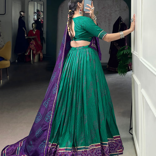 Green Color Silk Bandhej Printed Navratri Lehenga Choli
