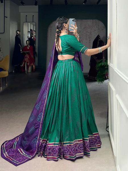 Green Color Silk Bandhej Printed Navratri Lehenga Choli