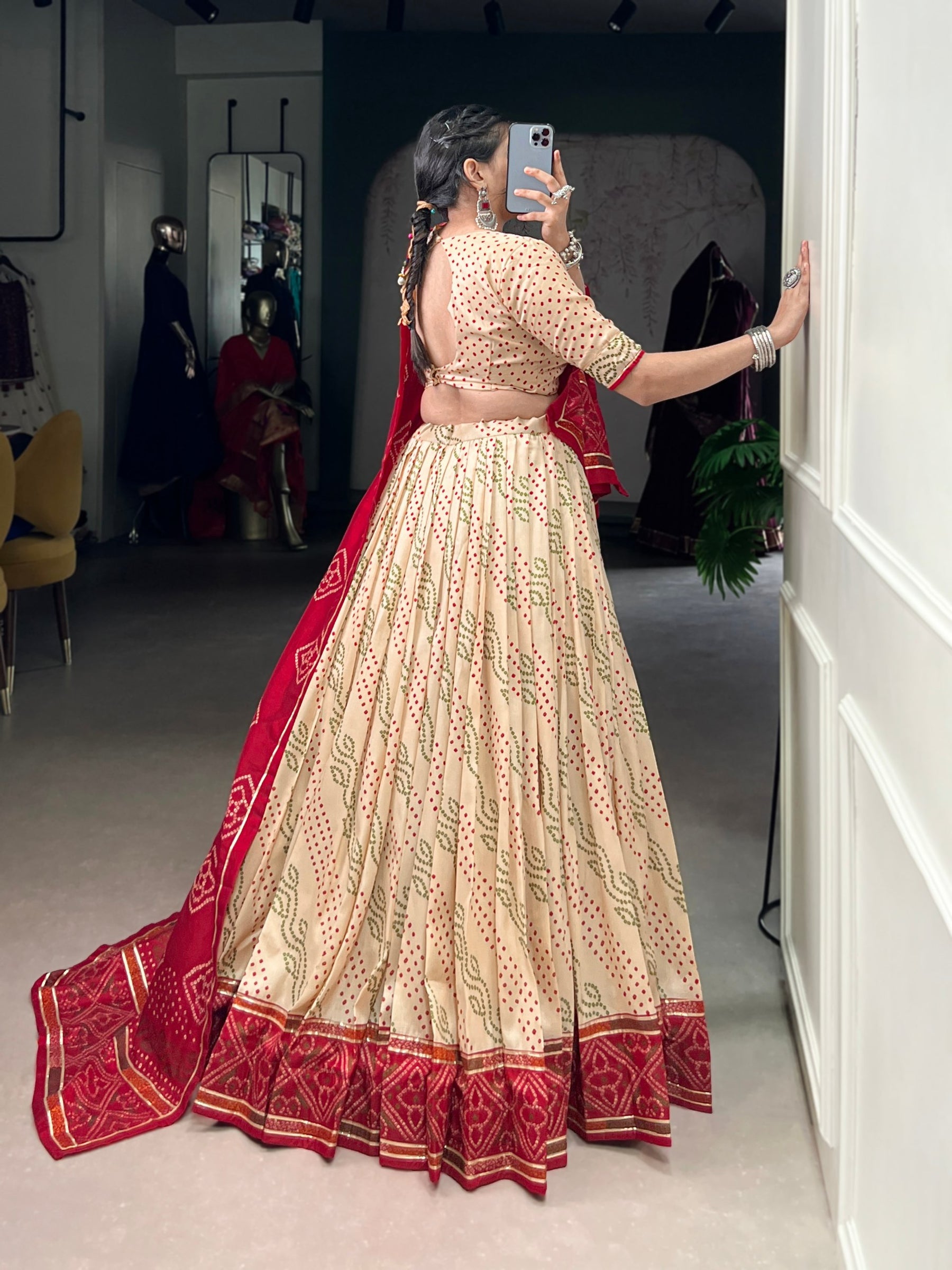 Beige Color Silk Bandhej Printed Navratri Lehenga Choli