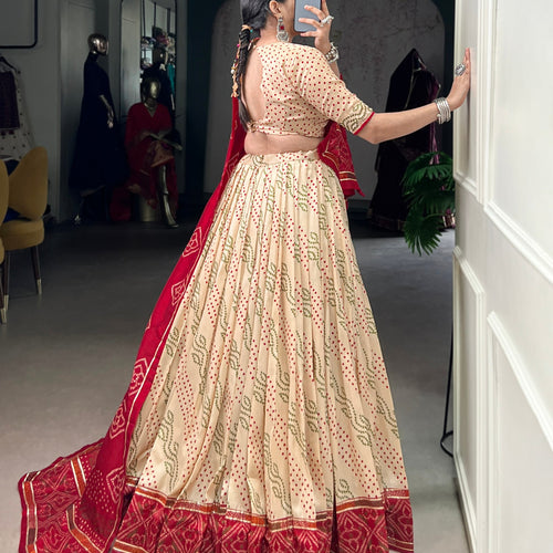Beige Color Silk Bandhej Printed Navratri Lehenga Choli
