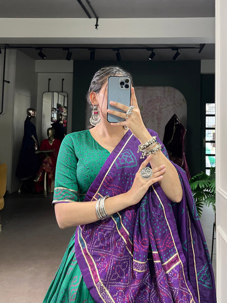 Green Color Silk Bandhej Printed Navratri Lehenga Choli