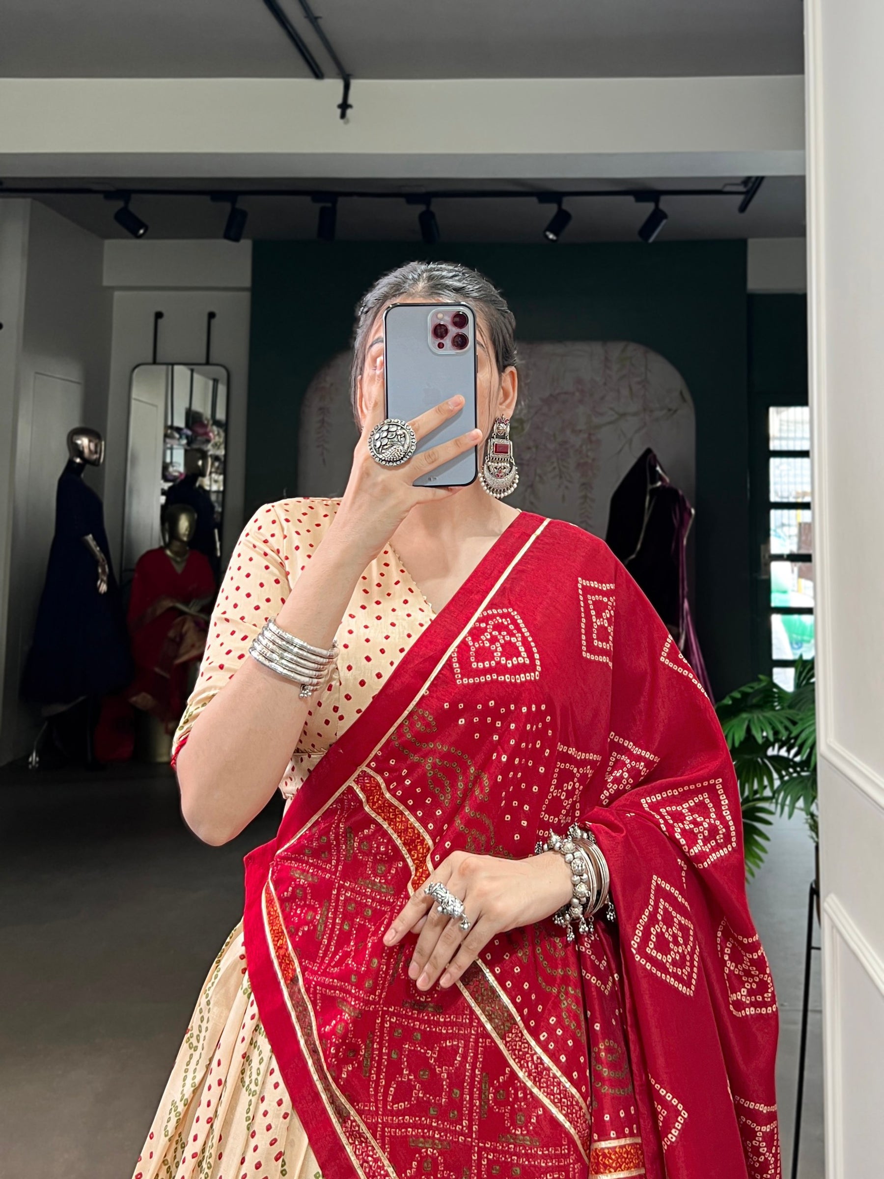 Beige Color Silk Bandhej Printed Navratri Lehenga Choli