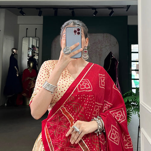 Beige Color Silk Bandhej Printed Navratri Lehenga Choli