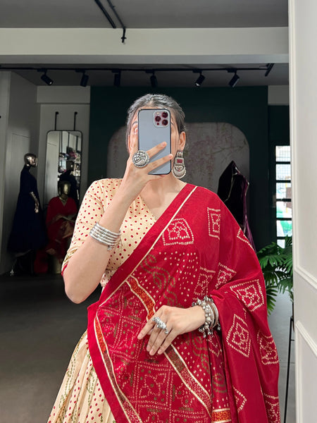 Beige Color Silk Bandhej Printed Navratri Lehenga Choli