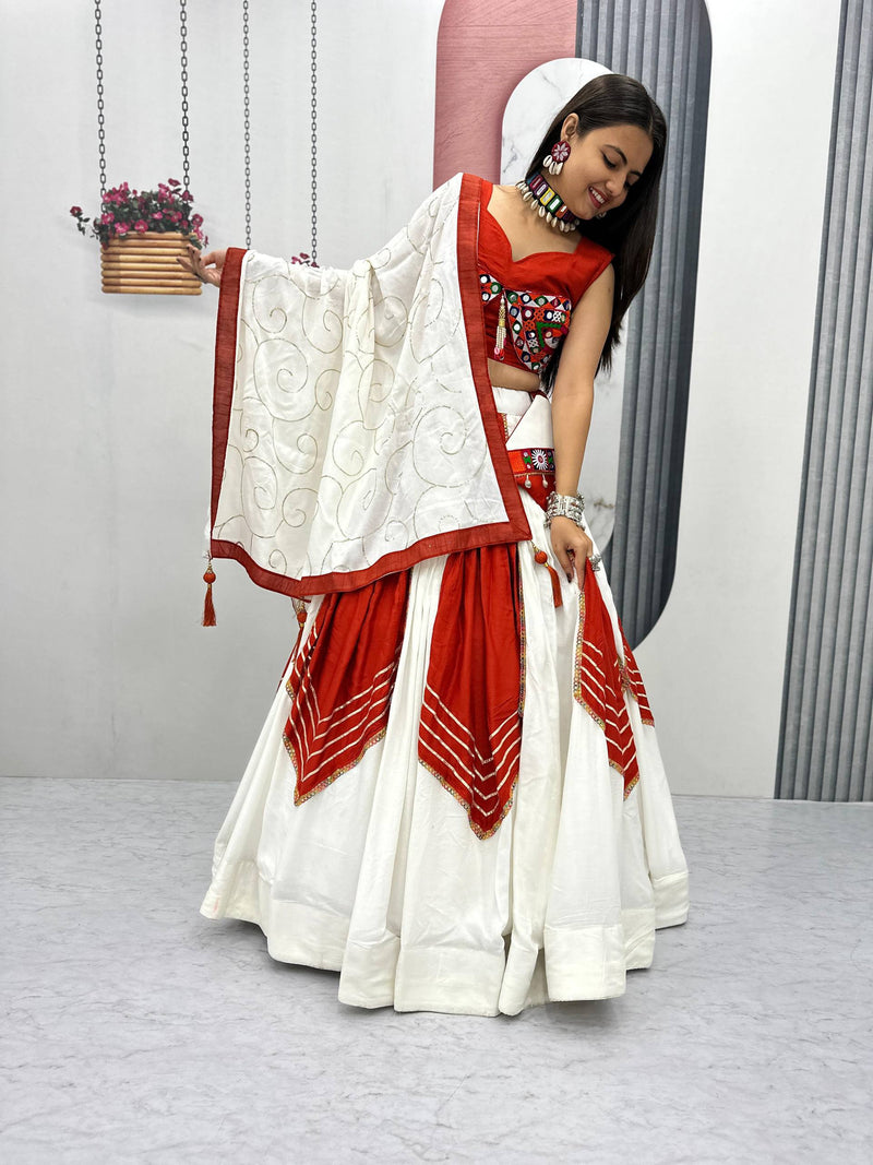 White-Orange  Color Pure Rayon Gamthi Work Navratri Lehenga Choli