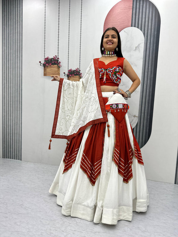 White-Orange  Color Pure Rayon Gamthi Work Navratri Lehenga Choli