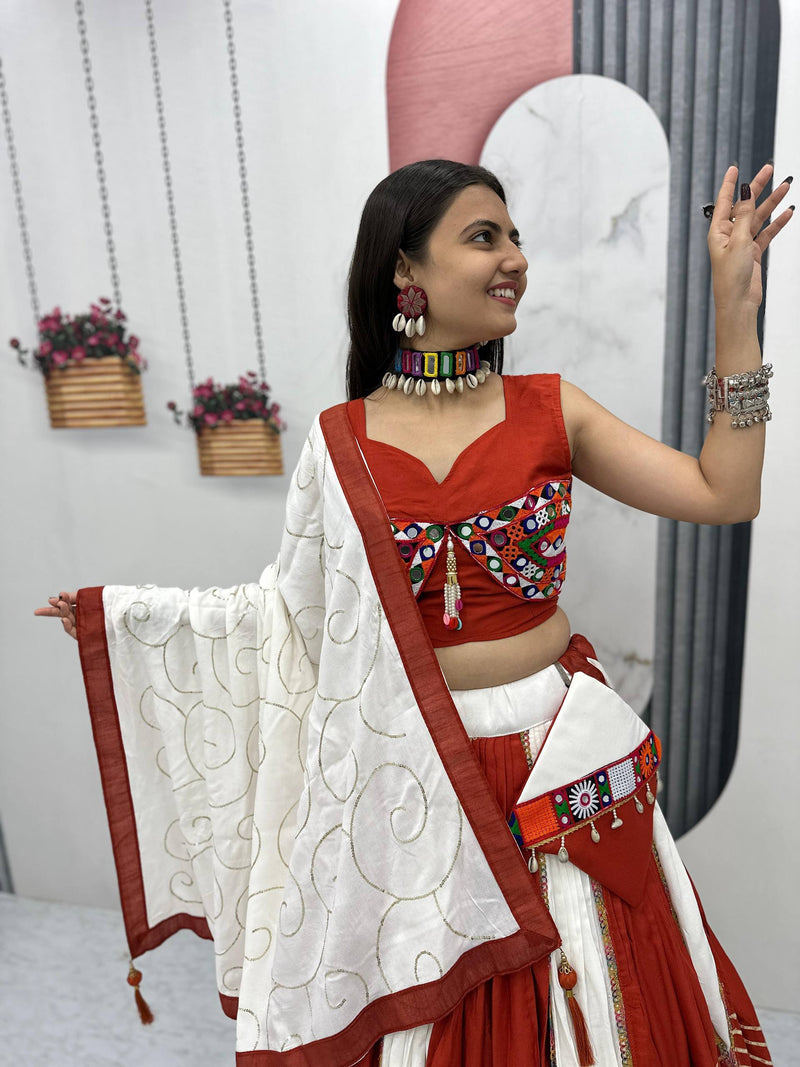 White-Orange  Color Pure Rayon Gamthi Work Navratri Lehenga Choli