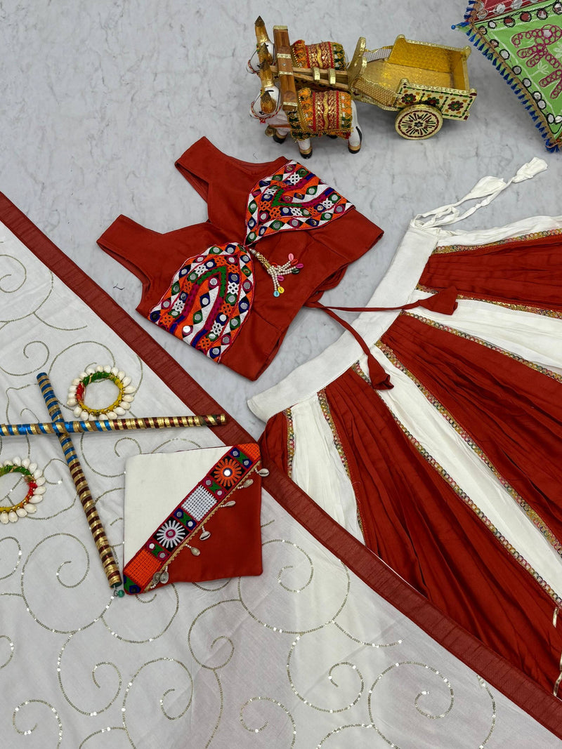 White-Orange  Color Pure Rayon Gamthi Work Navratri Lehenga Choli