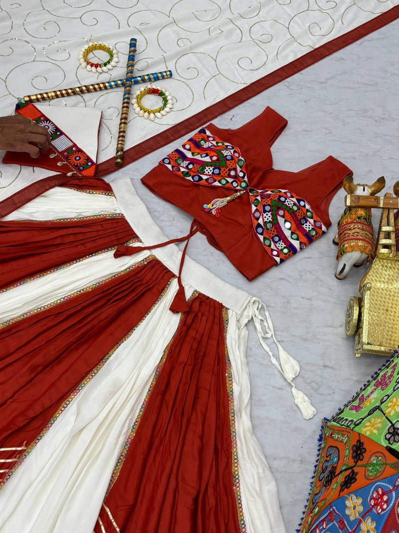 White-Orange  Color Pure Rayon Gamthi Work Navratri Lehenga Choli