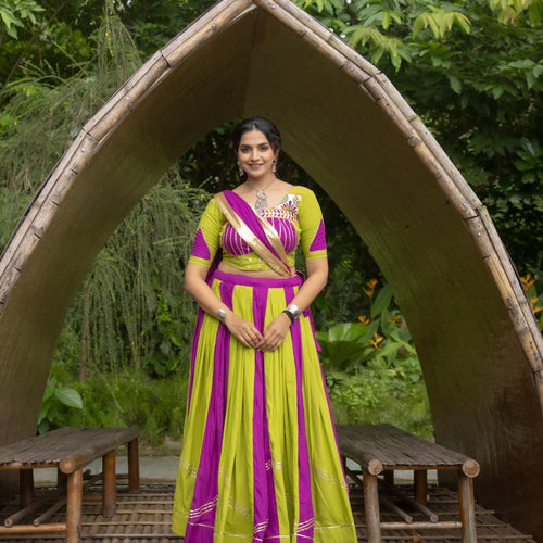 Green-Purple Color Gamthi Work Ready To Wear Rayon Navratri Lehenga Choli