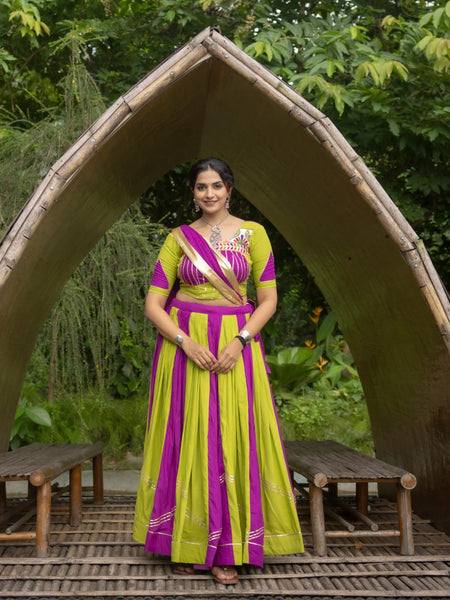 Green-Purple Color Gamthi Work Ready To Wear Rayon Navratri Lehenga Choli