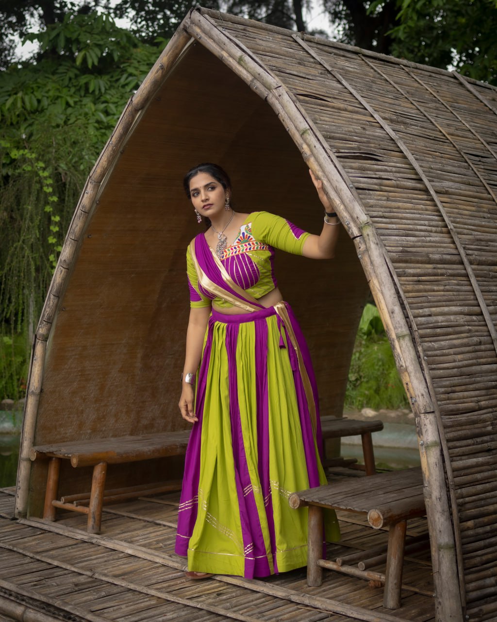 Green-Purple Color Gamthi Work Ready To Wear Rayon Navratri Lehenga Choli