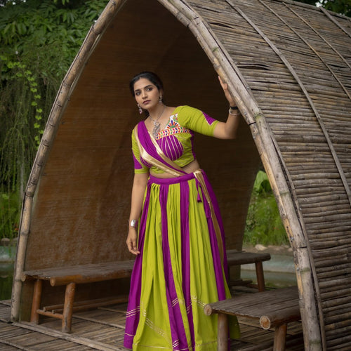 Green-Purple Color Gamthi Work Ready To Wear Rayon Navratri Lehenga Choli