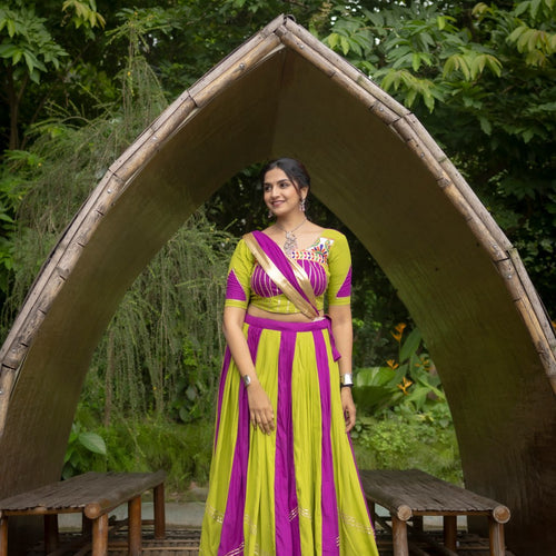 Green-Purple Color Gamthi Work Ready To Wear Rayon Navratri Lehenga Choli