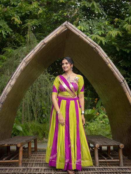 Green-Purple Color Gamthi Work Ready To Wear Rayon Navratri Lehenga Choli