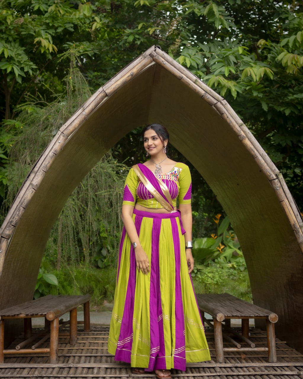 Green-Purple Color Gamthi Work Ready To Wear Rayon Navratri Lehenga Choli