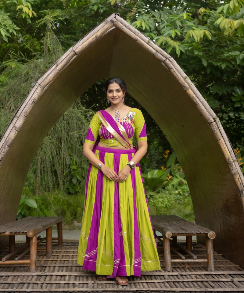 Green-Purple Color Gamthi Work Ready To Wear Rayon Navratri Lehenga Choli