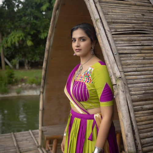 Green-Purple Color Gamthi Work Ready To Wear Rayon Navratri Lehenga Choli