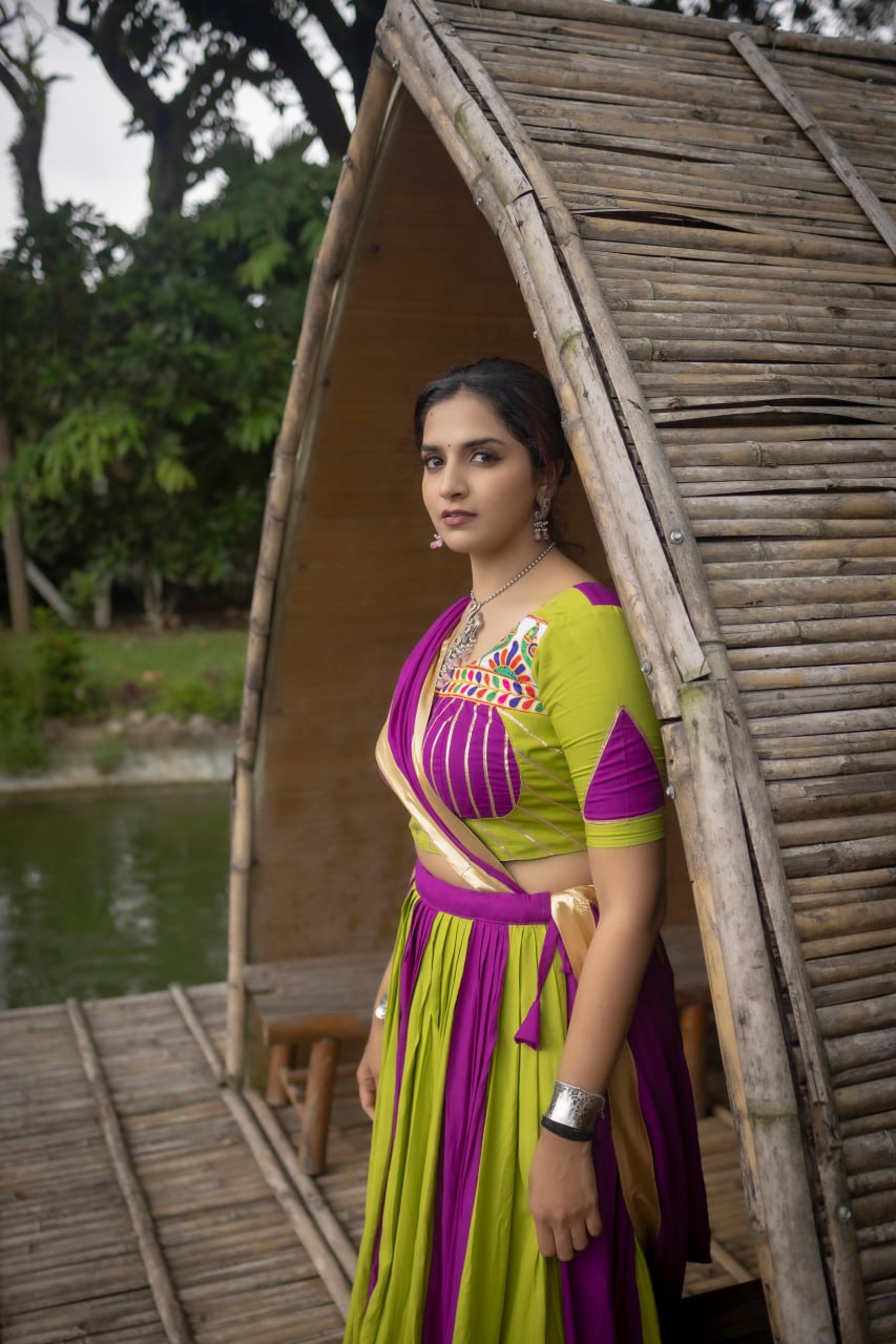 Green-Purple Color Gamthi Work Ready To Wear Rayon Navratri Lehenga Choli