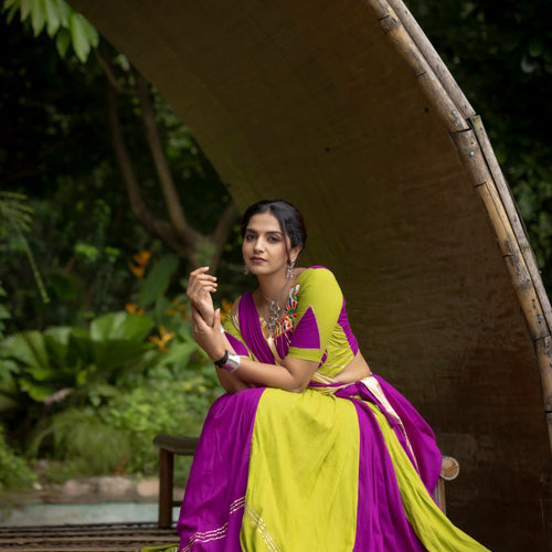 Green-Purple Color Gamthi Work Ready To Wear Rayon Navratri Lehenga Choli