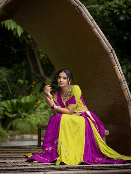 Green-Purple Color Gamthi Work Ready To Wear Rayon Navratri Lehenga Choli