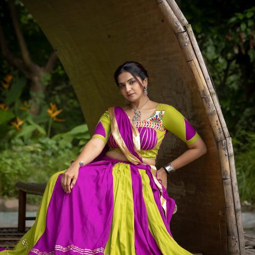 Green-Purple Color Gamthi Work Ready To Wear Rayon Navratri Lehenga Choli