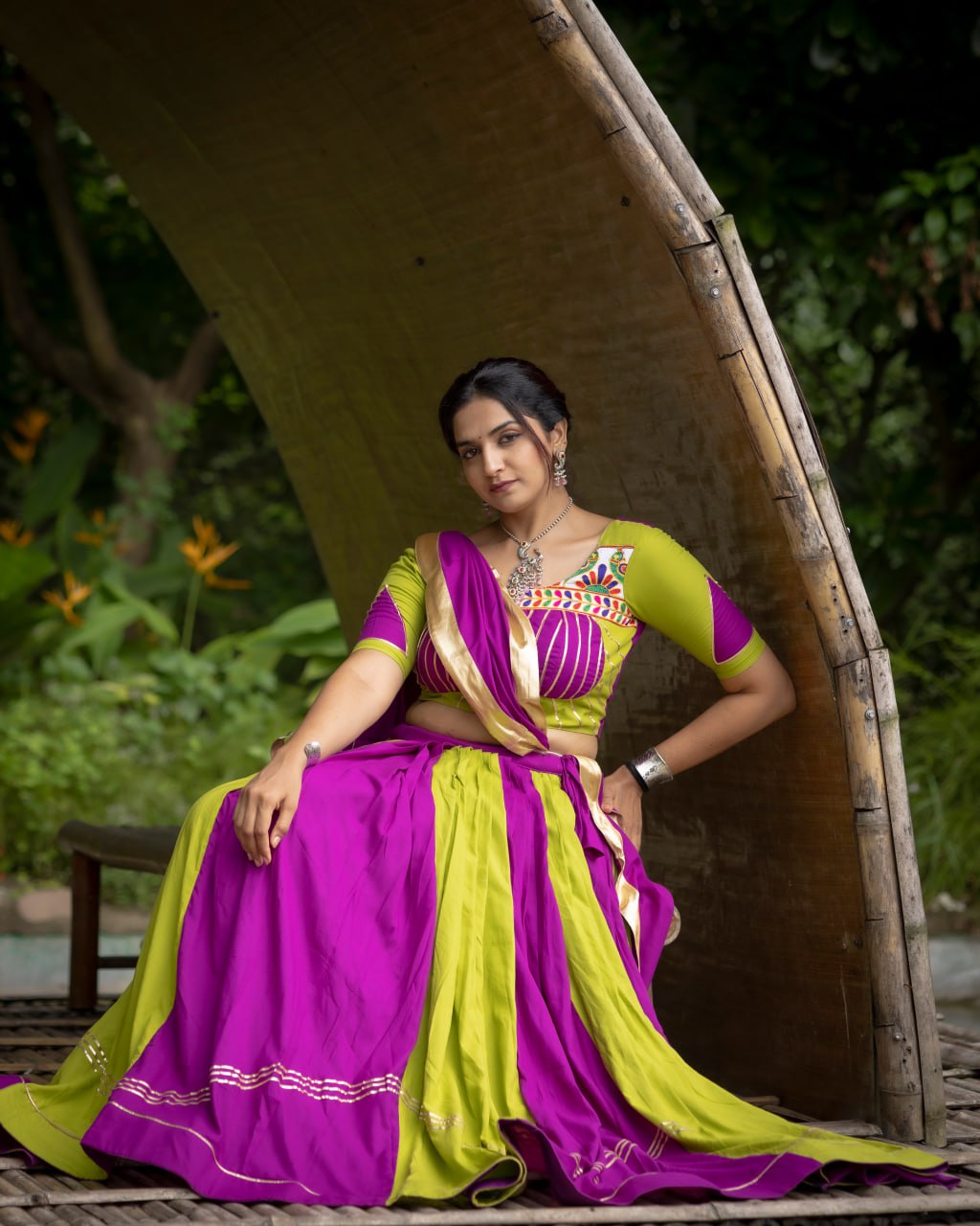 Green-Purple Color Gamthi Work Ready To Wear Rayon Navratri Lehenga Choli