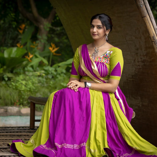 Green-Purple Color Gamthi Work Ready To Wear Rayon Navratri Lehenga Choli