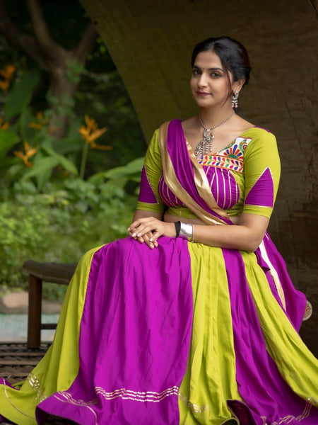 Green-Purple Color Gamthi Work Ready To Wear Rayon Navratri Lehenga Choli