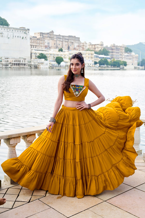 Mustard Yellow Color Pure Rayon Gamthi Work Navratri Lehenga Choli