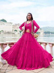 Pink Color Pure Rayon Gamthi Work Navratri Lehenga Choli