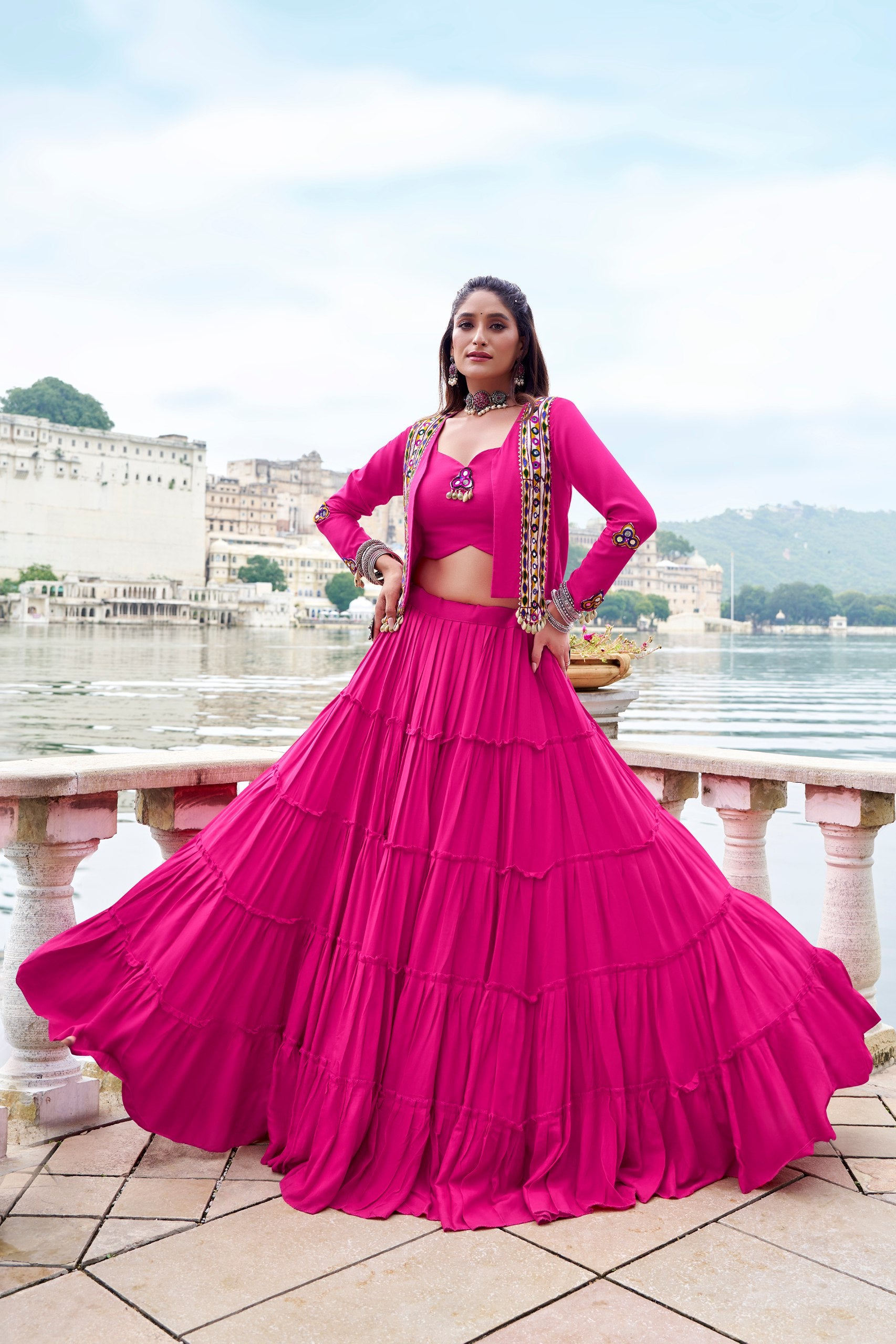 Pink Color Pure Rayon Gamthi Work Navratri Lehenga Choli