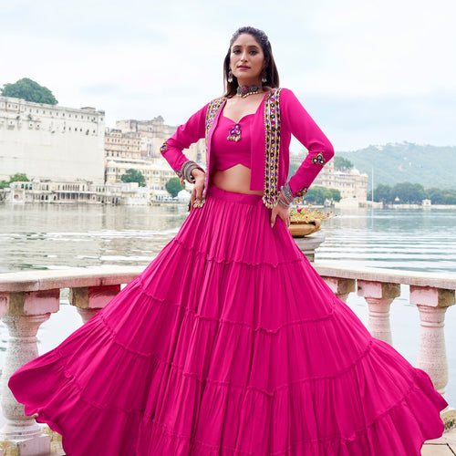 Pink Color Pure Rayon Gamthi Work Navratri Lehenga Choli