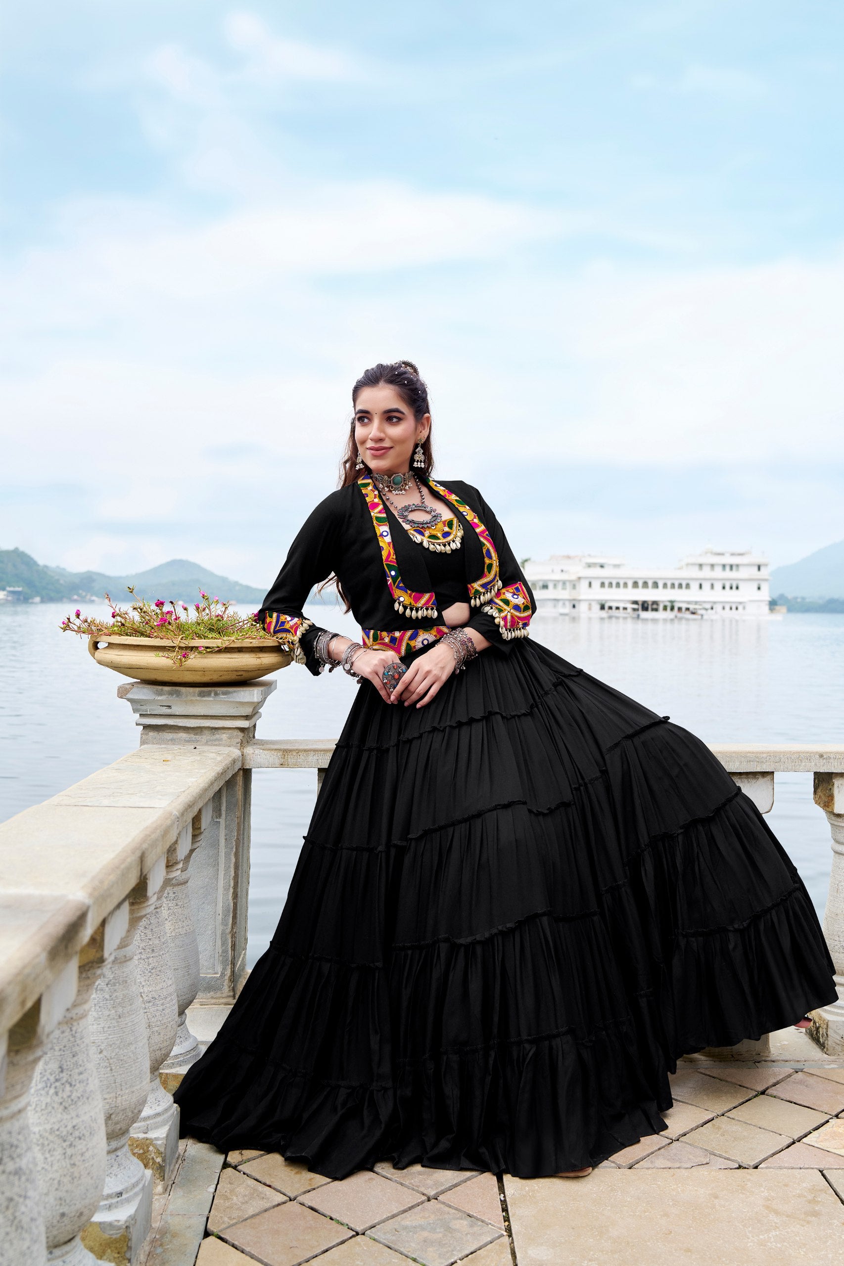 Black Color Pure Rayon Gamthi Work Navratri Lehenga Choli