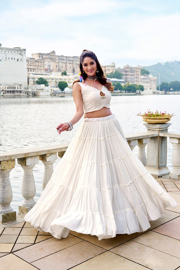 White Color Pure Rayon Gamthi Work Navratri Lehenga Choli