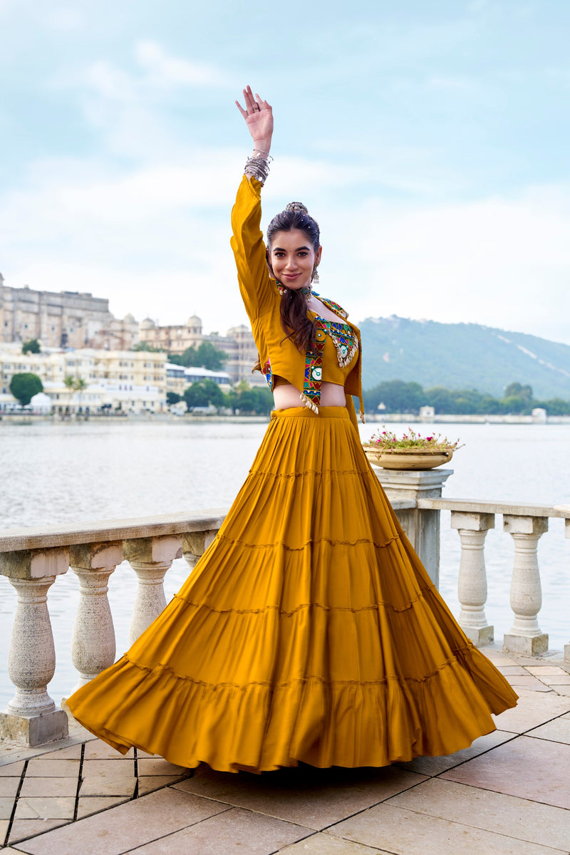 Mustard Yellow Color Pure Rayon Gamthi Work Navratri Lehenga Choli