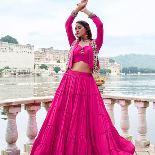 Pink Color Pure Rayon Gamthi Work Navratri Lehenga Choli