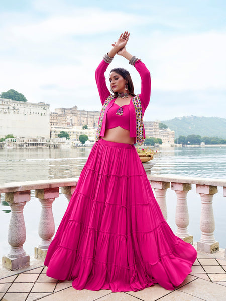 Pink Color Pure Rayon Gamthi Work Navratri Lehenga Choli