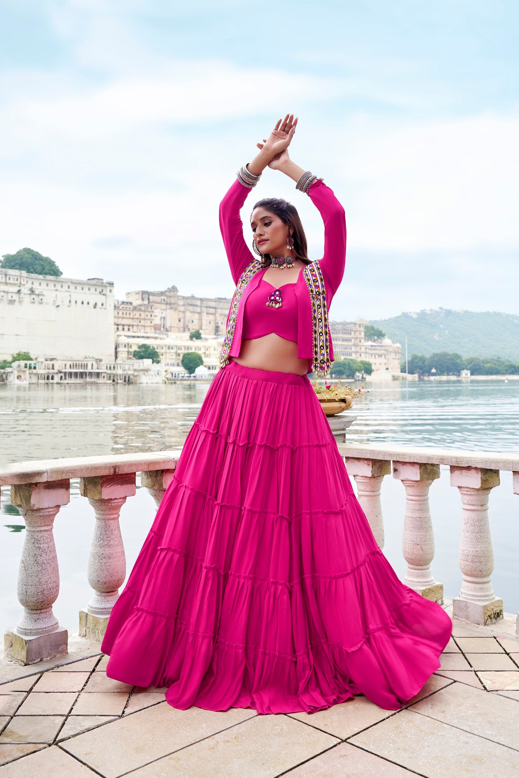 Pink Color Pure Rayon Gamthi Work Navratri Lehenga Choli