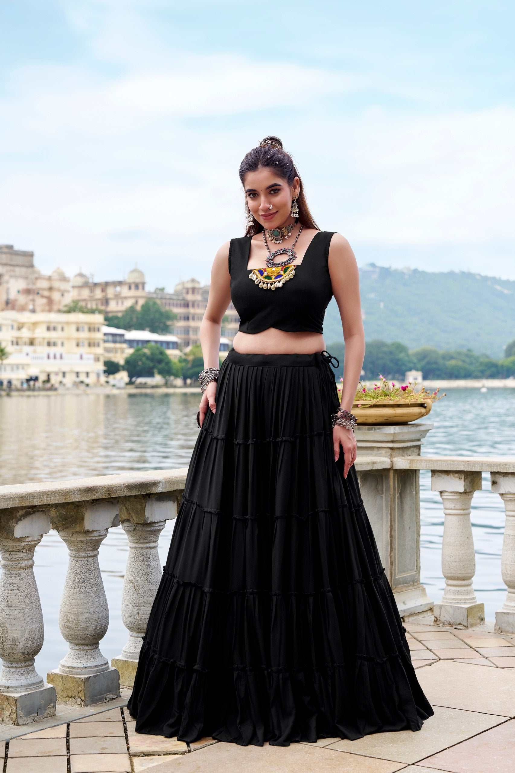 Black Color Pure Rayon Gamthi Work Navratri Lehenga Choli