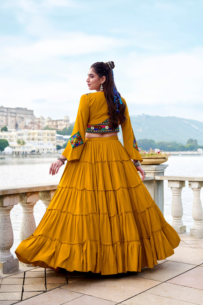 Mustard Yellow Color Pure Rayon Gamthi Work Navratri Lehenga Choli