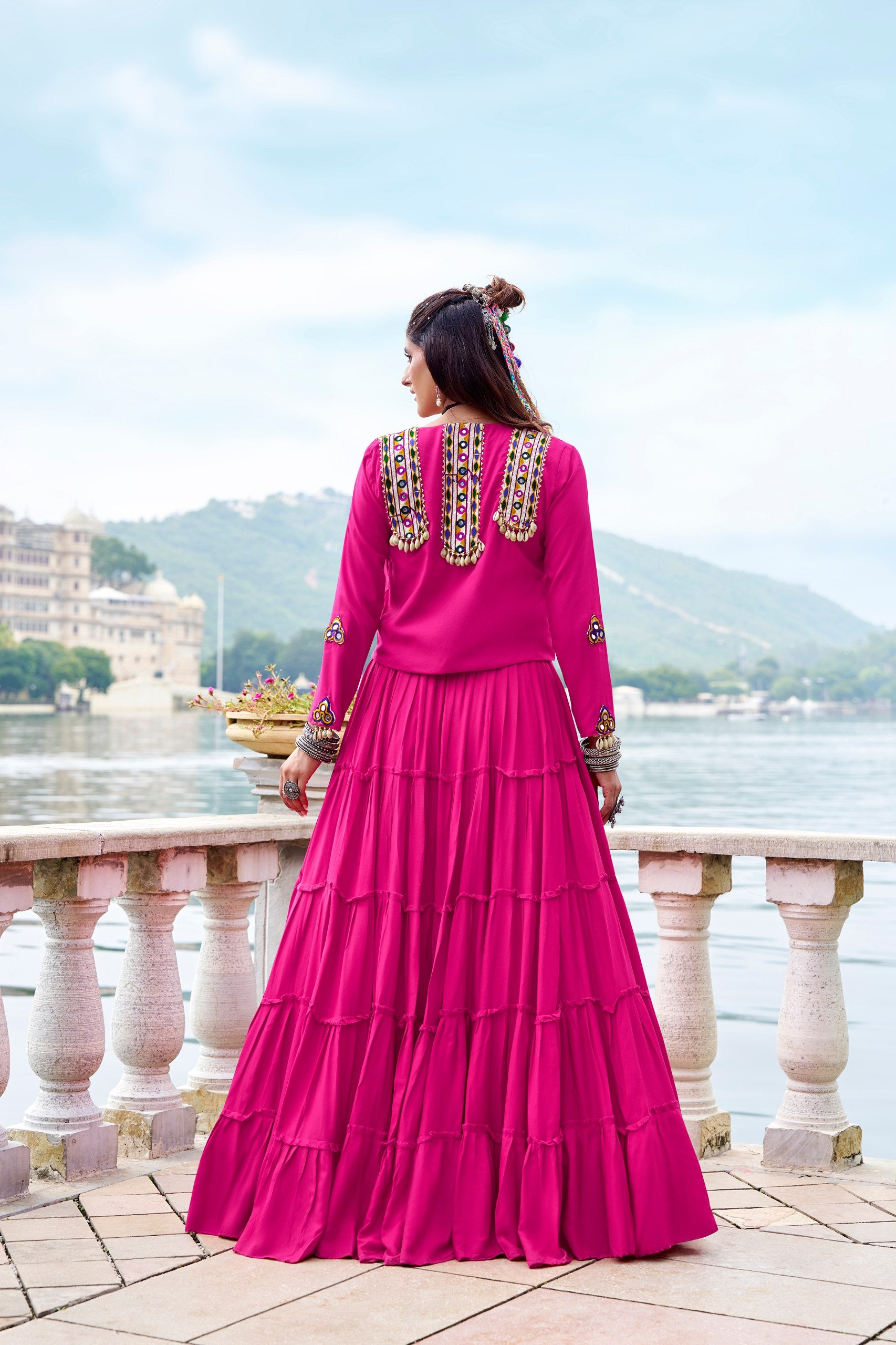 Pink Color Pure Rayon Gamthi Work Navratri Lehenga Choli
