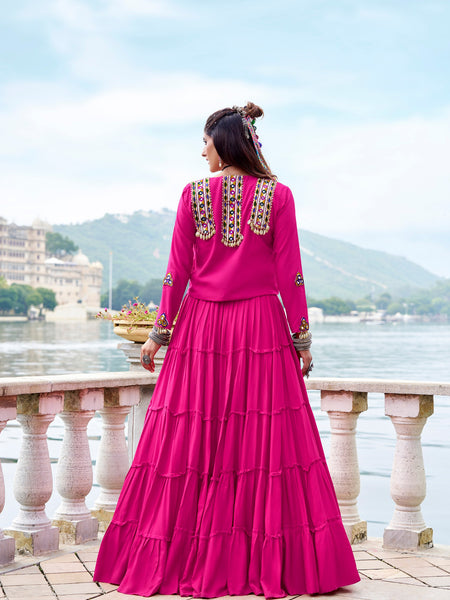Pink Color Pure Rayon Gamthi Work Navratri Lehenga Choli