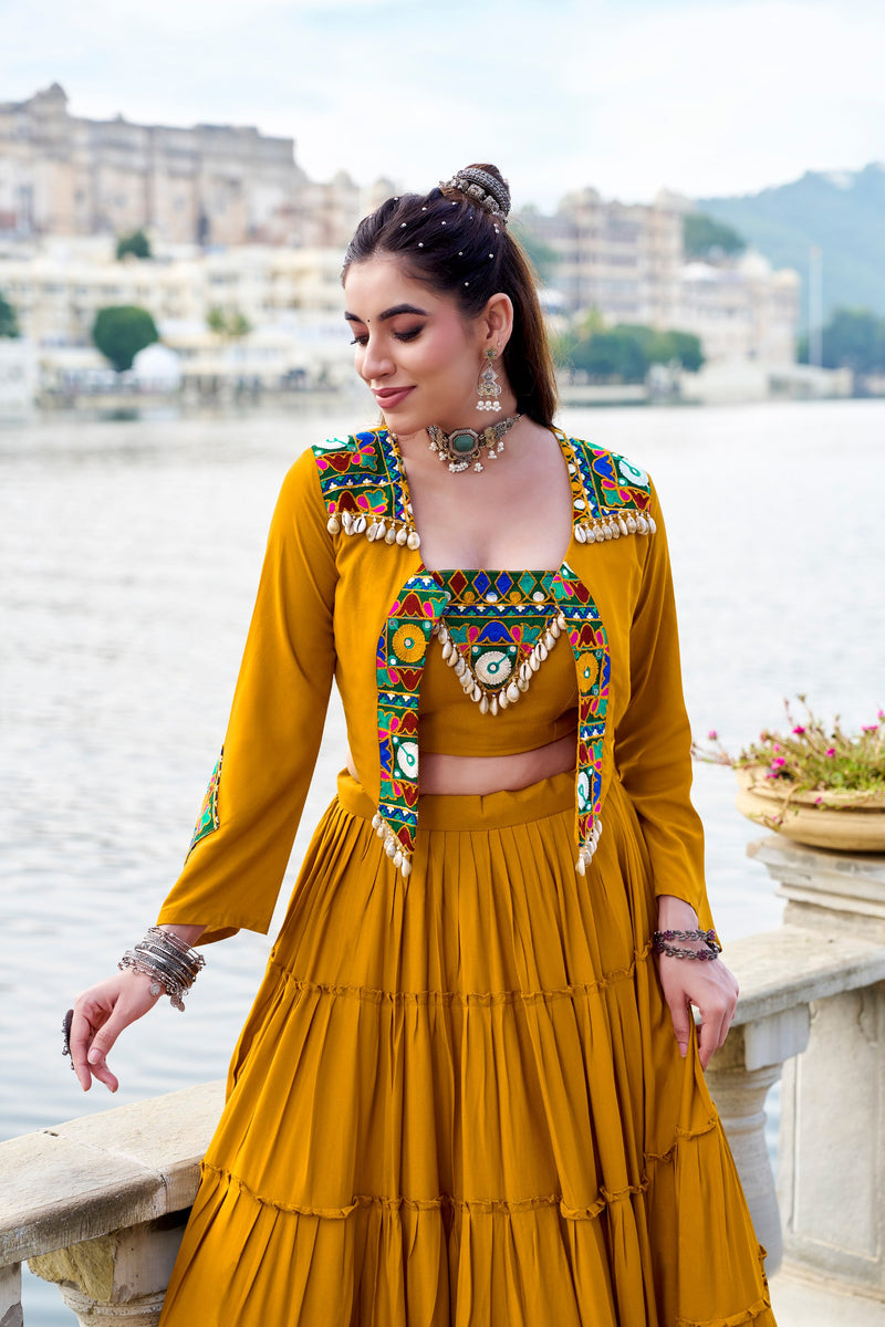 Mustard Yellow Color Pure Rayon Gamthi Work Navratri Lehenga Choli