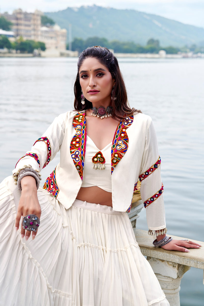 White Color Pure Rayon Gamthi Work Navratri Lehenga Choli